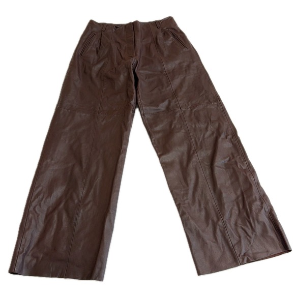 VEDA Pants Women 12 Brown Leather Wide Leg High Rise Trousers - Picture 2 of 10